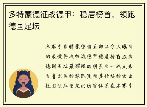 多特蒙德征战德甲：稳居榜首，领跑德国足坛