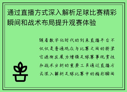 通过直播方式深入解析足球比赛精彩瞬间和战术布局提升观赛体验